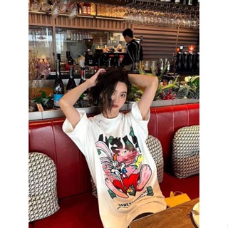 【TG-youzan】 Heavy Pure Cotton Western Style American High Street Fun Peter Rabbit Letter Short Sleeve T-shirt Womens Summer Loose Top Vpjf