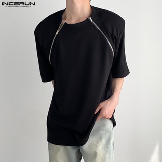 Incerun เสื้อยืด คอกลม แขนสั้น เปิดไหล่ มีซิป