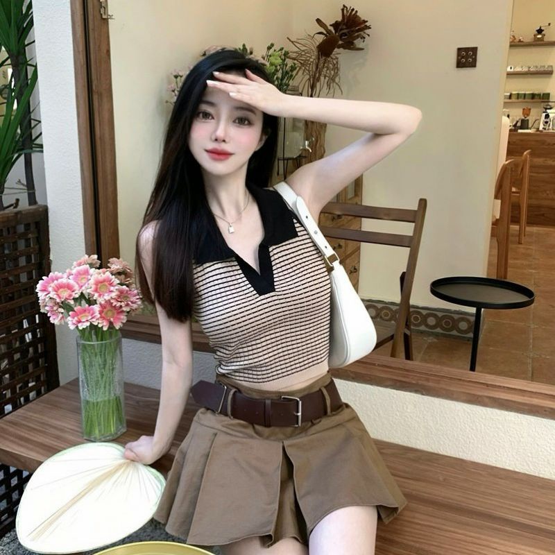 Vogue🌟พร้อมส่ง🌟  เสื้อครอปคล้องคอไหมพรม คอปก ดีเทลลายทางน่ารักมาก (0236) -C - รูปที่ 5