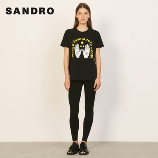 Sandro outlet เสื้อยืดแขนสั้น ผ้าฝ้าย พิมพ์ลายน่ารัก สีดํา สําหรับผู้หญิง SFPTS00959