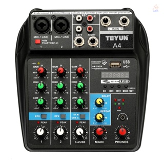 Tu04 BT เครื่องผสมเสียงคอนโซลบันทึกเสียง 48V Phantom Power Monitor AUX Paths Plus Effects 4 Channels Audio Mixer พร้อม USB