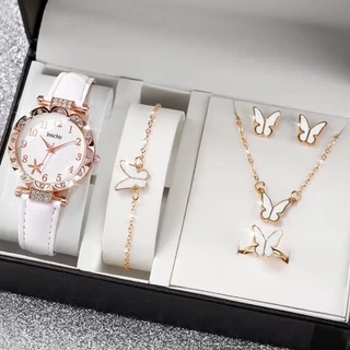 Elegant Lady Jewelry & Leather Watch พร้อมนาฬิกาข้อมือควอตซ์สําหรับผู้หญิงเหมาะสําหรับของขวัญ