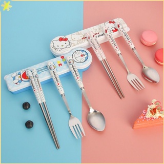 [LBE] Cartoon Doraemon Hello Kitty Student Chopsticks Spoon Fork Stainless Steel Tableware Set