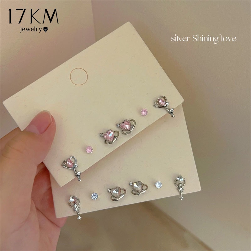 17KM 3 คู่ / เซต เมจิกสติ๊ก หัวใจ ชุดต่างหูสตั๊ด เพทาย คริสตัล สีเงิน ต่างหู สํา