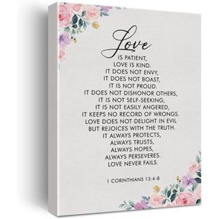 โปสเตอร์ผ้าใบ ลายดอกไม้ Love is Patient Bible Verse Quote 1 Corinthians 13:4-8 สําหรับตกแต่งผนังบ้าน ออฟฟิศ ของขวัญคริสเตียน