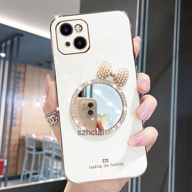 เคส iPhone 13 13 PRO 13 PRO MAX หรูหรา มุก โบว์ กระจกแต่งหน้า ชุบ ซิลิโคน เคสโทรศัพท์ นิ่ม iPhone 13 13 PRO 13 PRO MAX