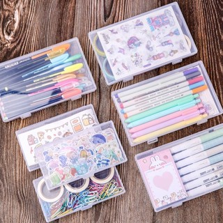 กล่องเก็บเครื่องเขียน ทรงสี่เหลี่ยมผืนผ้า พร้อมสติกเกอร์ DIY สีโปร่งใส