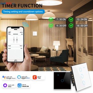 สวิตช์ไฟอัจฉริยะ ไม่มีสายกลาง Tuya APP 2.4GHz WiFi สีขาว แผงกระจกนิรภัย 1/2/3/4 แก๊ง แผงสัมผัส แบบติดผนัง