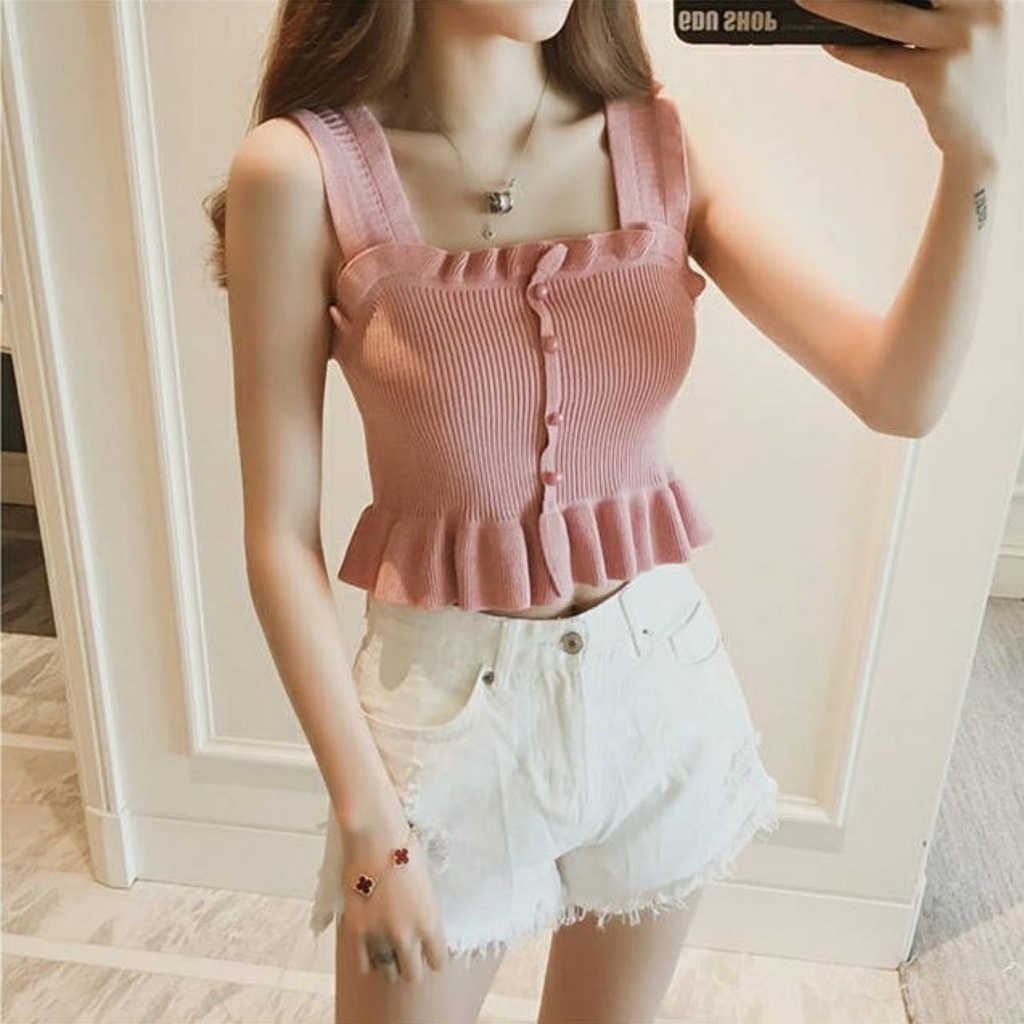 Anna 367 เสื้อท็อปกล้ามสายเดี่ยวแถบใหญ่ ระบายชาย ผ้าไหมพรมยืด ติดกระดุมหน้า สาวหวานแอบเซ็กซี่เล็กน้อย น่ารัก