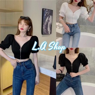 L.A Shop ​พร้อมส่ง เสื้อไหมพรมแขนสั้น รูดซิปด้านหน้า แขนพองๆแขนเจ้าหญิง มี2สี  "58086New"