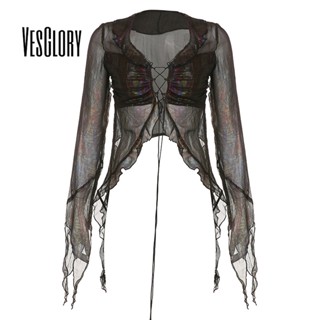 Vesglory เสื้อครอปท็อปลําลอง แขนยาว คอกลม ทรงสลิมฟิต พิมพ์ลาย สีตัดกัน สไตล์เรโทร แฟชั่นสําหรับสตรี 2023