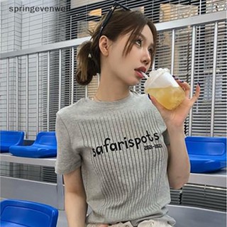 [springevenwell] เสื้อครอปท็อป คอกลม แขนสั้น พิมพ์ลายตัวอักษร สไตล์สตรีท แฟชั่นฤดูร้อน สําหรับผู้หญิง