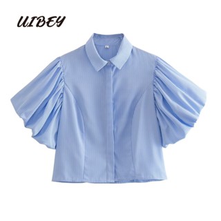 Uibey เสื้อเชิ้ต คอปก แขนพัฟ ลายทาง แฟชั่น 4447