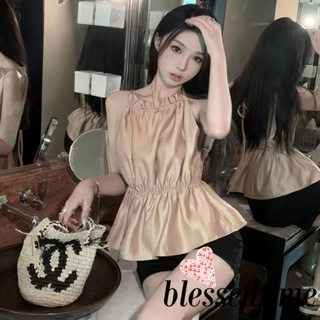 Blessedtime- เสื้อกล้าม ผูกเชือก แขนกุด ผ้าไหม สีพื้น หรูหรา สําหรับผู้หญิง