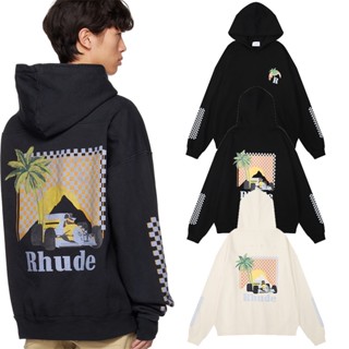 Fashion RHUDE เสื้อกันหนาวลําลอง แขนยาว มีฮู้ด ผ้าฝ้าย พิมพ์ลายมะพร้าว สําหรับผู้ชาย และผู้หญิง