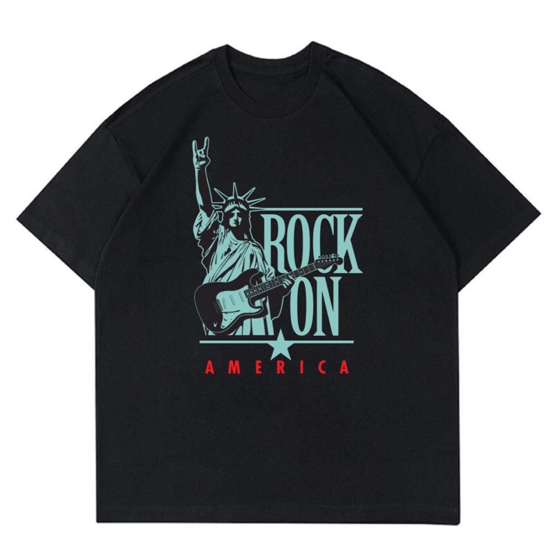 เสื้อยืด STATUE OF LIBERTY - ROCK ON AMERICA | เสื้อยืดโอเวอร์ไซส์ LIBERTY USA | เสื้อเชิ้ตสีดําสําห