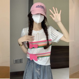 Milyfashion เสื้อยืดแขนสั้น เปิดไหล่ ผ้าถัก ประดับโบว์ แบบเป็นทางการ เข้ารูป แฟชั่นฤดูร้อน สําหรับผู้หญิง