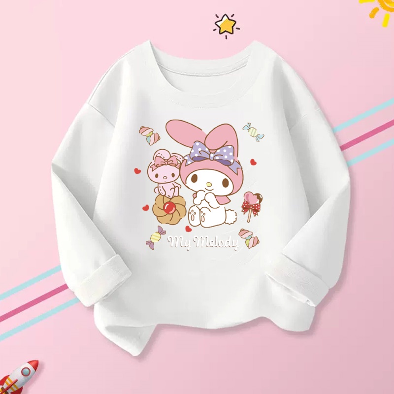 เสื้อยืดแขนยาว ผ้าฝ้าย ลายการ์ตูน My Melody Sanrio สําหรับเด็กผู้หญิง ไซซ์ 3-14T