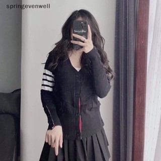 [springevenwell] เสื้อกันหนาว คอวี ผ้าฝ้าย ผ้าขนสัตว์ ลายทาง สไตล์อังกฤษ สําหรับผู้หญิง