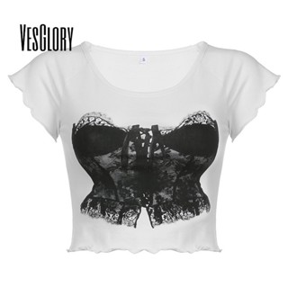 Vesglory เสื้อครอปท็อป คอกลม แขนสั้น พิมพ์ลาย สีตัดกัน เซ็กซี่ สําหรับผู้หญิง 2023