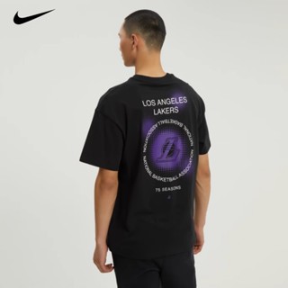 Nike เสื้อยืดแขนสั้น ผ้าฝ้าย พิมพ์ลาย NBA ครบรอบ 75 ปี Los Angeles Lakers สําหรับผู้ชาย DH6737-010