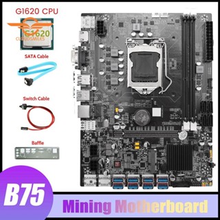 เมนบอร์ดขุดเหมือง B75 8GPU G1620 CPU สาย SATA สายเคเบิลสวิตช์ LGA1155 8USB PCB สีดํา รองรับ 2XDDR3 B75 USB