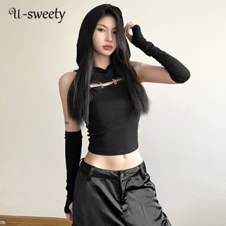 U-sweety เสื้อฮู้ด แขนทรงสลิมฟิต สีพื้น แฟชั่นสําหรับผู้หญิง 2023