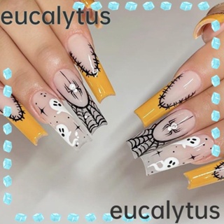 Eucalytus1 เล็บปลอม ลายฟักทองฮาโลวีน แบบยาว ถอดออกได้ ใช้ซ้ําได้ สําหรับผู้หญิง