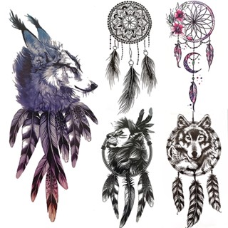 Dreamcatcher รอยสักชั่วคราว สําหรับผู้ชาย ผู้หญิง หมาป่า สิงโต แมนดาลา เฮนน่า สีดํา รอยสัก ขนปุย กันน้ํา สักปลอม ร่างกาย แขน