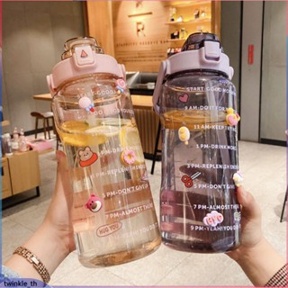 ขวดน้ำ 2000ml พร้อมเตือนเวลา Water Bottle with Straw Scale 2 ลิตร Gym Bottle Sport Bpa Free (twinkle.th)