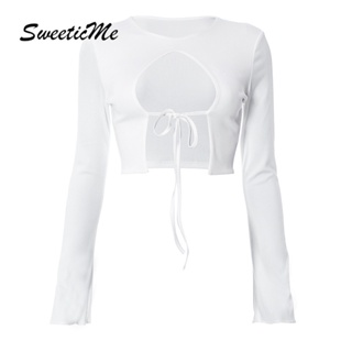 Sweeticme ใหม่ เสื้อยืดลําลอง แขนยาว คอกลม สีพื้น ฉลุลาย เซ็กซี่ แฟชั่นสําหรับสตรี 2023