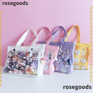 Rosegoods1 กระเป๋าสะพายไหล่ กระเป๋าถือ ผ้าแคนวาส แบบใส ความจุขนาดใหญ่ ใช้ซ้ําได้ สไตล์ฮาราจูกุ