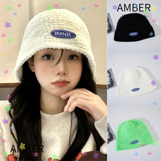 Amber หมวกถัก ทรงบักเก็ต ทรงกลม สีพื้น อบอุ่น แฟชั่นฤดูหนาว สําหรับผู้หญิง