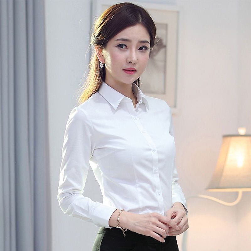 เสื้อเชิ้ตแขนยาว แบบเข้ารูป สีขาว แบบเป็นทางการ แฟชั่นฤดูใบไม้ผลิ และฤดูใบไม้ร่วง สไตล์เกาหลี สําหรับผู้หญิง