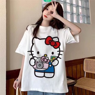 เสื้อยืดแขนสั้นลําลอง ทรงหลวม พิมพ์ลาย Hello Kitty ขนาดใหญ่ แบบเรียบง่าย แฟชั่นฤดูร้อน สไตล์ญี่ปุ่น สําหรับผู้หญิง และนักเรียน 2023