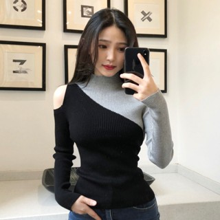 ใหม่ เสื้อถัก เกาะอก สีตัดกัน สไตล์แฟชั่น สําหรับผู้หญิง FO2Z