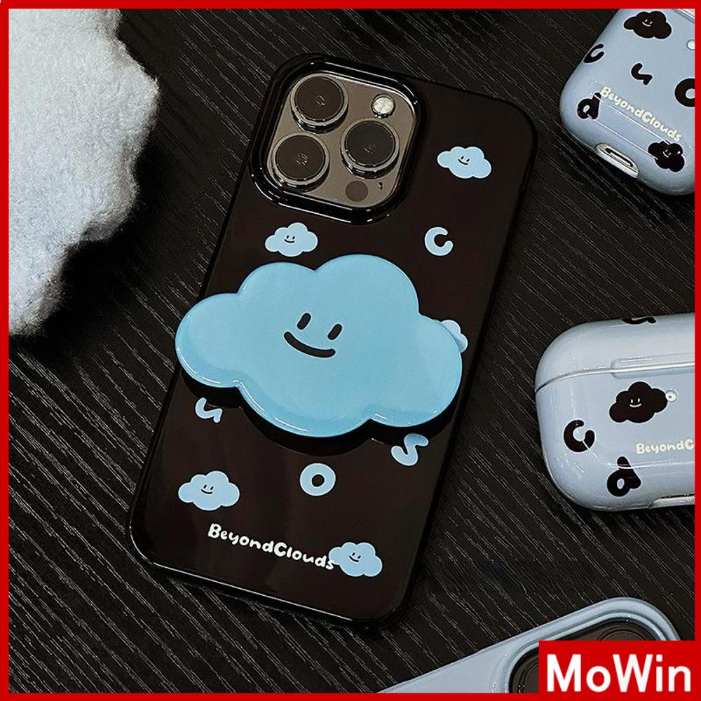 Mowin - เข้ากันได้สำหรับ 15 เคสไอโฟน11 เคส iphone 11 สำหรับ 14 Pro Max เคส iPhone กริ๊ปยืนหน้ายิ้มที่วางพับได้สีดำเงา TPU เคสอ่อนเมฆสีฟ้าเข้ากันได้กับ iPhone 13 Pro max 12 Pro Max 11 xr xs max 7Plus 8Plus