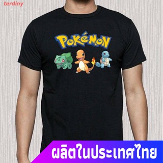 เสื้อยืดแขนสั้นterdiny โปเกมอนเสื้อยืดถักฤดูร้อน เสื้อยืดพิมพ์ลายการ์ตูน Pokemon Starter แฟชั่นสําหรับผู้ชายสีดํา Pokemo