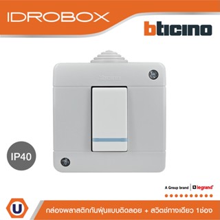 BTicino ชุดกล่องกันฝุ่น (แบบติดลอย)+สวิตซ์ทางเดียว 1ช่อง สีเทา Idrobox IP40,+Switch Phosporescent Grey |25401+AM5001WTLN