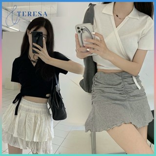 ฤดูร้อนคอวีเอวสั้น เสื้อท่อนบน เสื้อครอปเอวสูงคอวีลึก เสื้อครอปคอวี เสื้อครอปสั้นเเฟชั่น