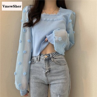 Vmewsher เสื้อครอปท็อปแขนยาวลําลอง ผ้าถัก คอสี่เหลี่ยม ลายดอกไม้ สีพื้น แฟชั่นฤดูใบไม้ผลิ และฤดูร้อน สําหรับผู้หญิง 2023