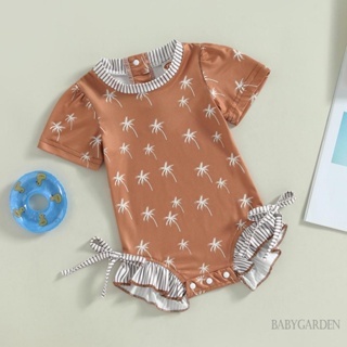 Babygarden-0-18m ชุดรอมเปอร์ แขนสั้น คอกลม พิมพ์ลายต้นมะพร้าว ประดับโบว์ ฤดูร้อน สําหรับเด็กผู้หญิง