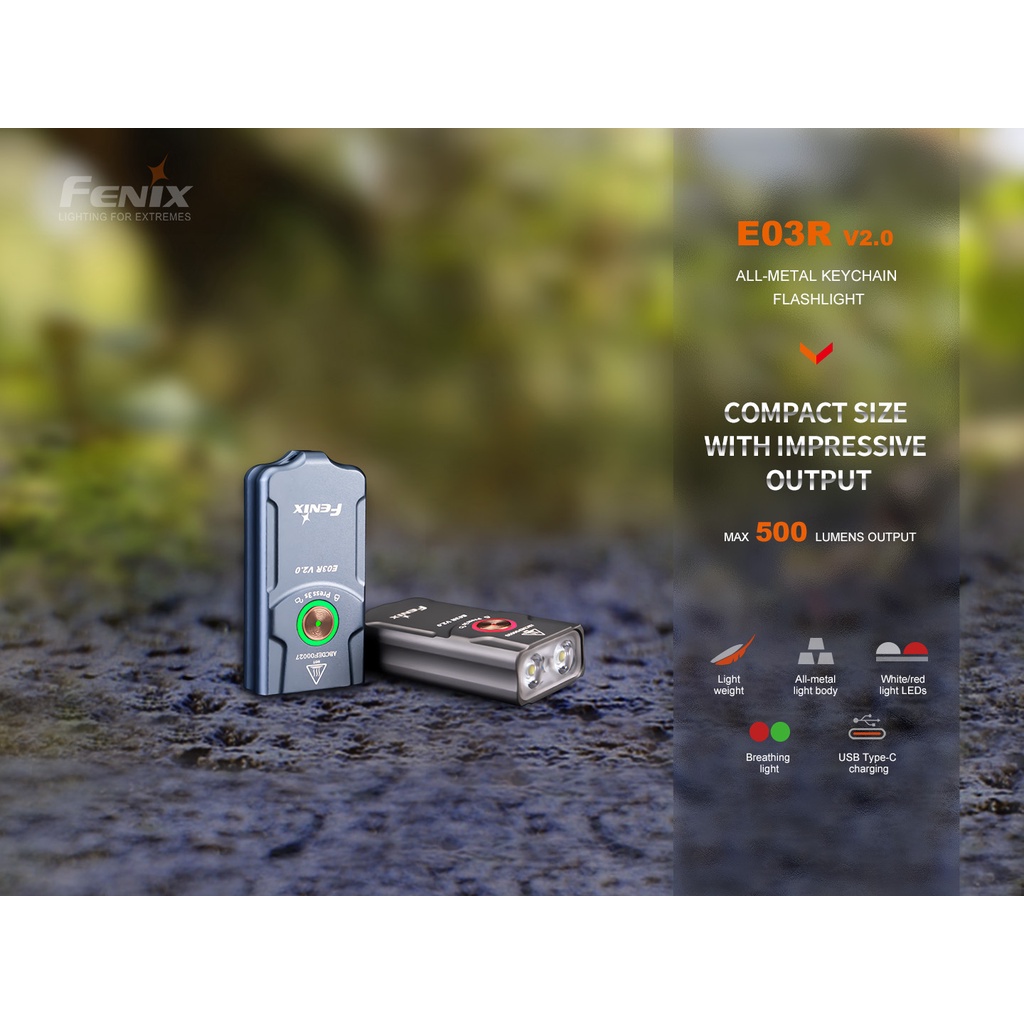 Fenix E03R V2.0 LED ไฟฉายพวงกุญแจขนาดเล็ก 500Lumens Type-c ชาร์จทุกวันในครัวเรือนแบบพกพา