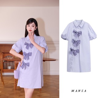 MANSA purple bow dress เสื้อผ้าแฟชั่นผู้หญิง เดรส ชุดเกาหลี