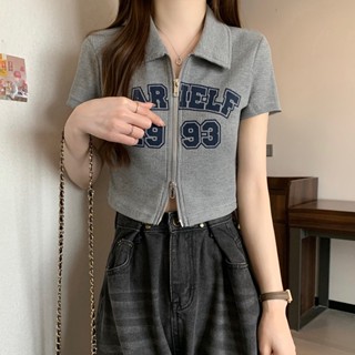 8459# Polo collar short-sleeved T-shirt womens summer 2023 new college wind retro letter printing short zipper cardigan