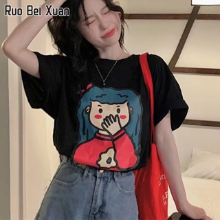 RUO BEI XUAN 2023 ฤดูร้อนใหม่หลวมพิมพ์เสื้อยืดแขนสั้นสไตล์เกาหลี