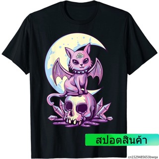 NIFเสื้อยืดพิมพ์ลายแมวแม่มดกะโหลกสีพาสเทลสไตล์ Goth Wiccan