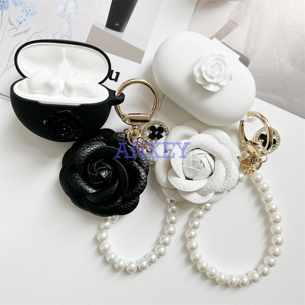 Sony WF-1000XM3 1000XM4 SP800N SP900 Ambie TW01 Earphone Silicone Case Black Flower Earbuds Soft Protective Headphone Headset Skin with Pearl chain Pendant