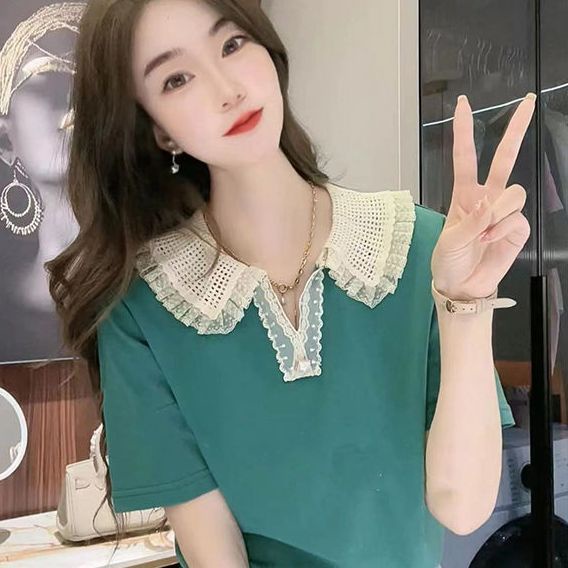 เสื้อยืดแขนสั้น คอวี ผ้าฝ้ายแท้ แต่งลูกไม้ ระดับไฮเอนด์ แฟชั่นฤดูร้อน สําหรับผู้หญิง