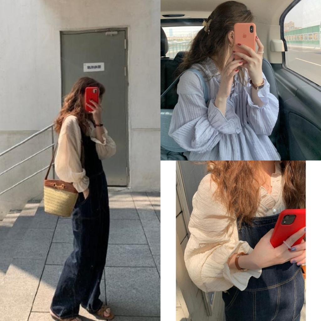เสื้อเชิ้ตสีพื้นผ้าบางสีเบจ เสื้อผู้หญิงดีไซน์ วินเทจ แขนยาว แขนใบบัว Y0049